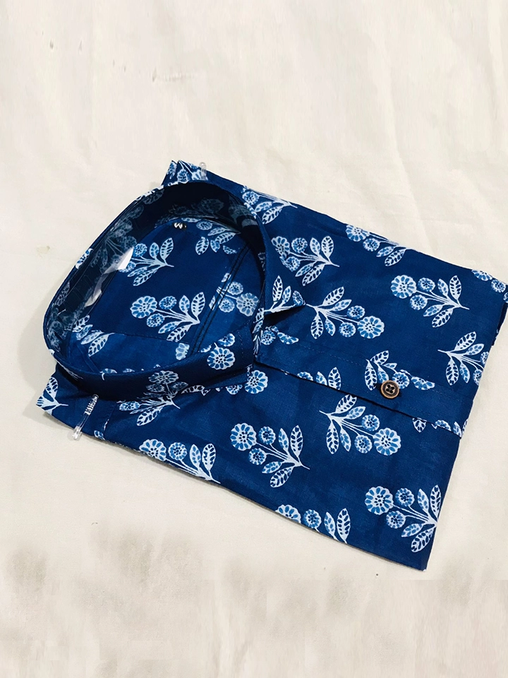 Indigo Floral - Cotton Half Sleeve Shirt